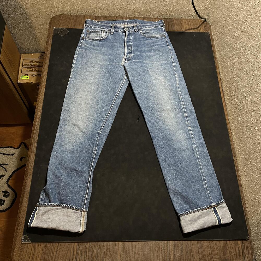 Vintage Levis 501 Selvedge Jeans 1970s 34x38 Button Fly Dark Wash Blue Denim USA